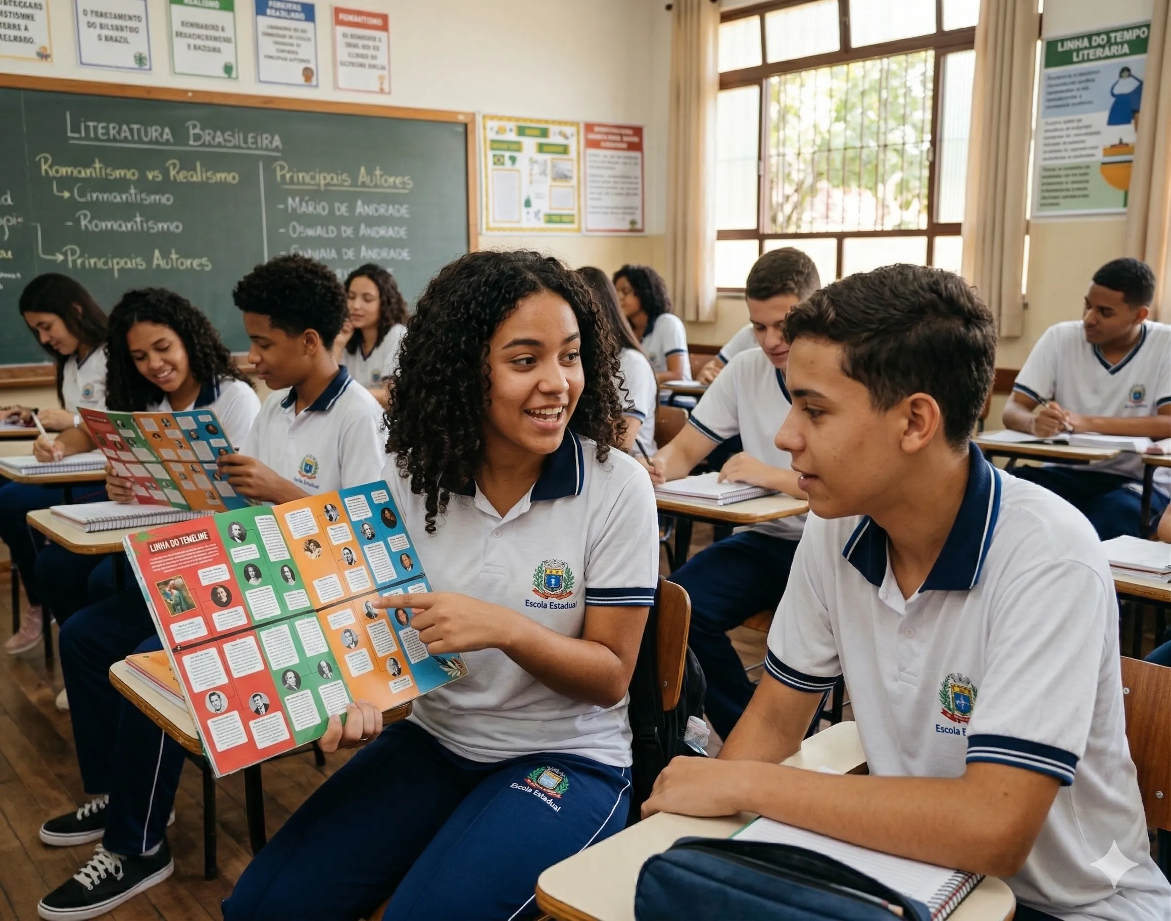 Alunos estudando com o material